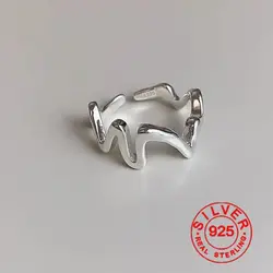 925 Sterling Silver Simple Ring For Women Fine Jewelry Finger Adjustable Open Vintage Wave Line Ring For Party Birthday Gift
