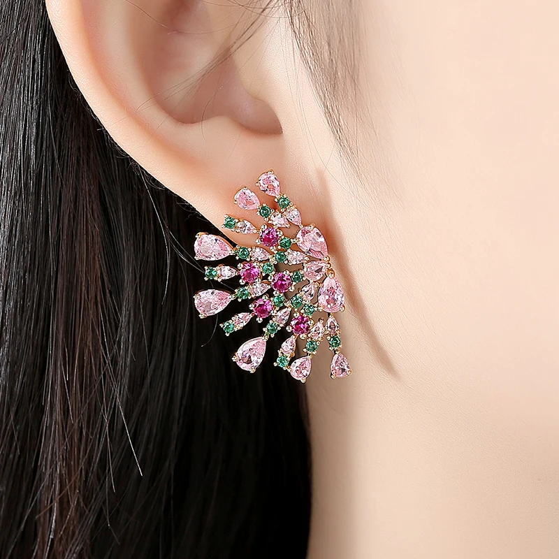 LUOTEEMI Korean Fashion Big Flower Cubic Zirconia Stud Earring for Women Unusual Pink Stones Jewelry for Bridal Wedding Luxury