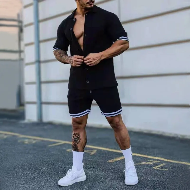 2024 Summer New Cross Border Men's Trendy Polo Set Solid Color Short Sleeved Shirt Two Piece Set for Men