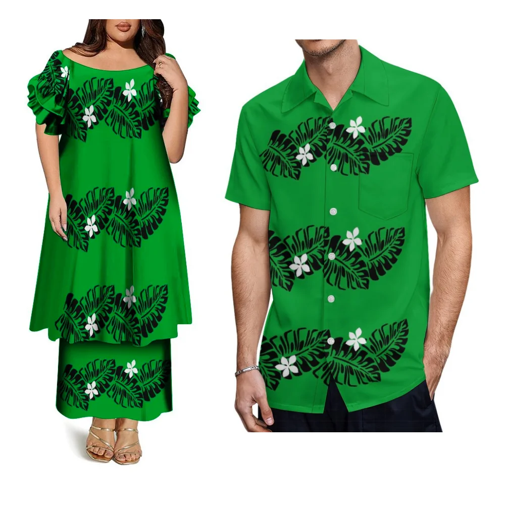 폴리네시아 사모아 그린 커플 세트 여성 푸레타시 드레스 탑과 롱 드레스 및 하와이안 남성 비치 패션 셔츠
