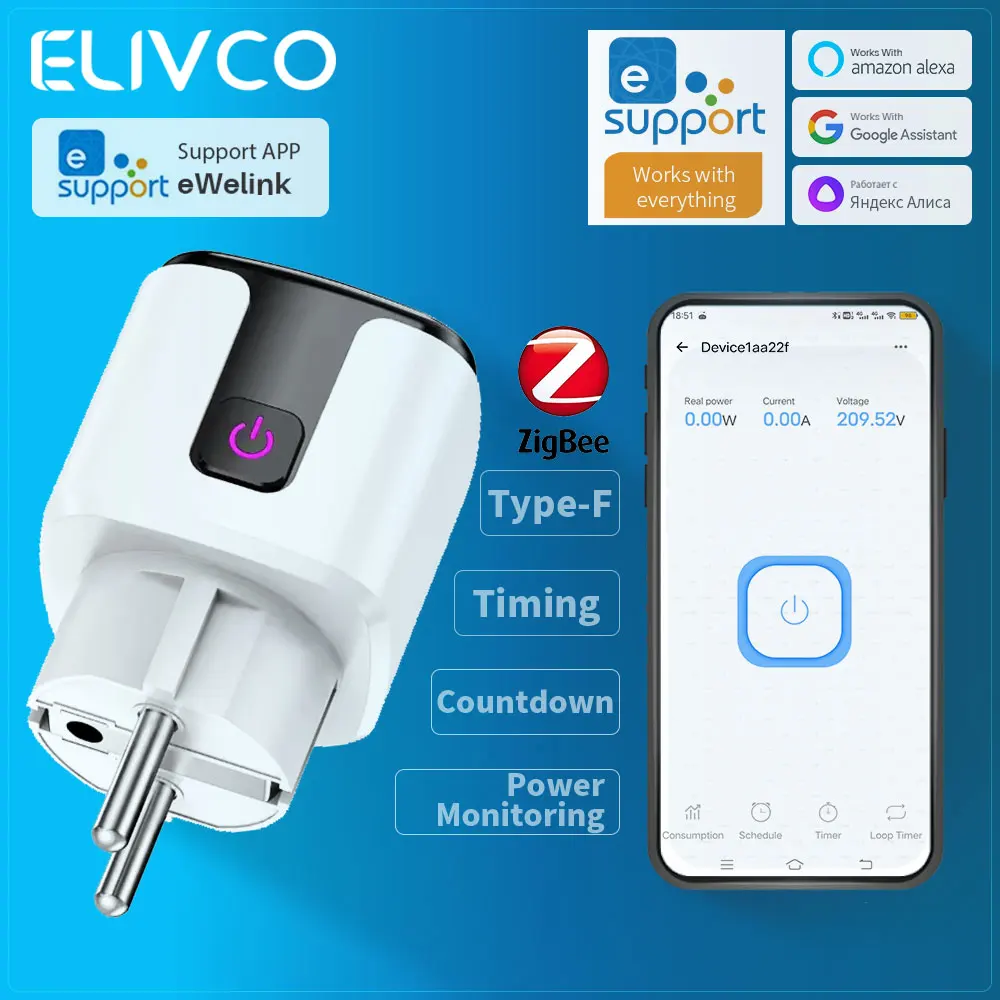 

Умная вилка eWelink, розетка Zigbee, таймер/с обратным отсчетом/мониторинг мощности, поддержка домашнего помощника/Google Assistant/Alexa/Smartthings