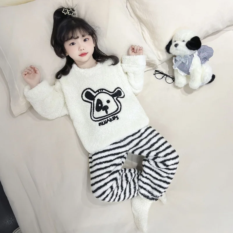 Kids Thermal Sleepwear Set for Girls Plus Size Cotton Pajama Two Piece Set with Towel Embroidery Autumn Winter Cozy Home Wear