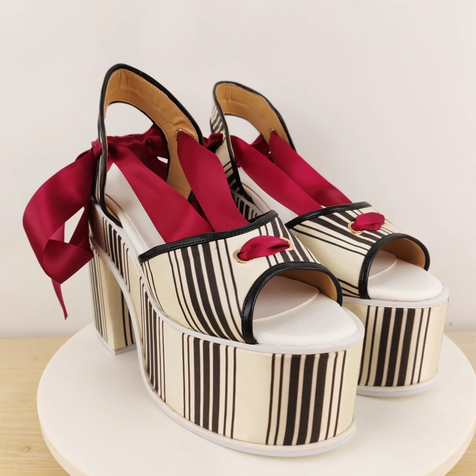Women's Striped Canvas Chunky Heel Platform Sandals Red Satin Bow & Ankle Tie for Retro Lolita & Unique Fashion Statements view 4