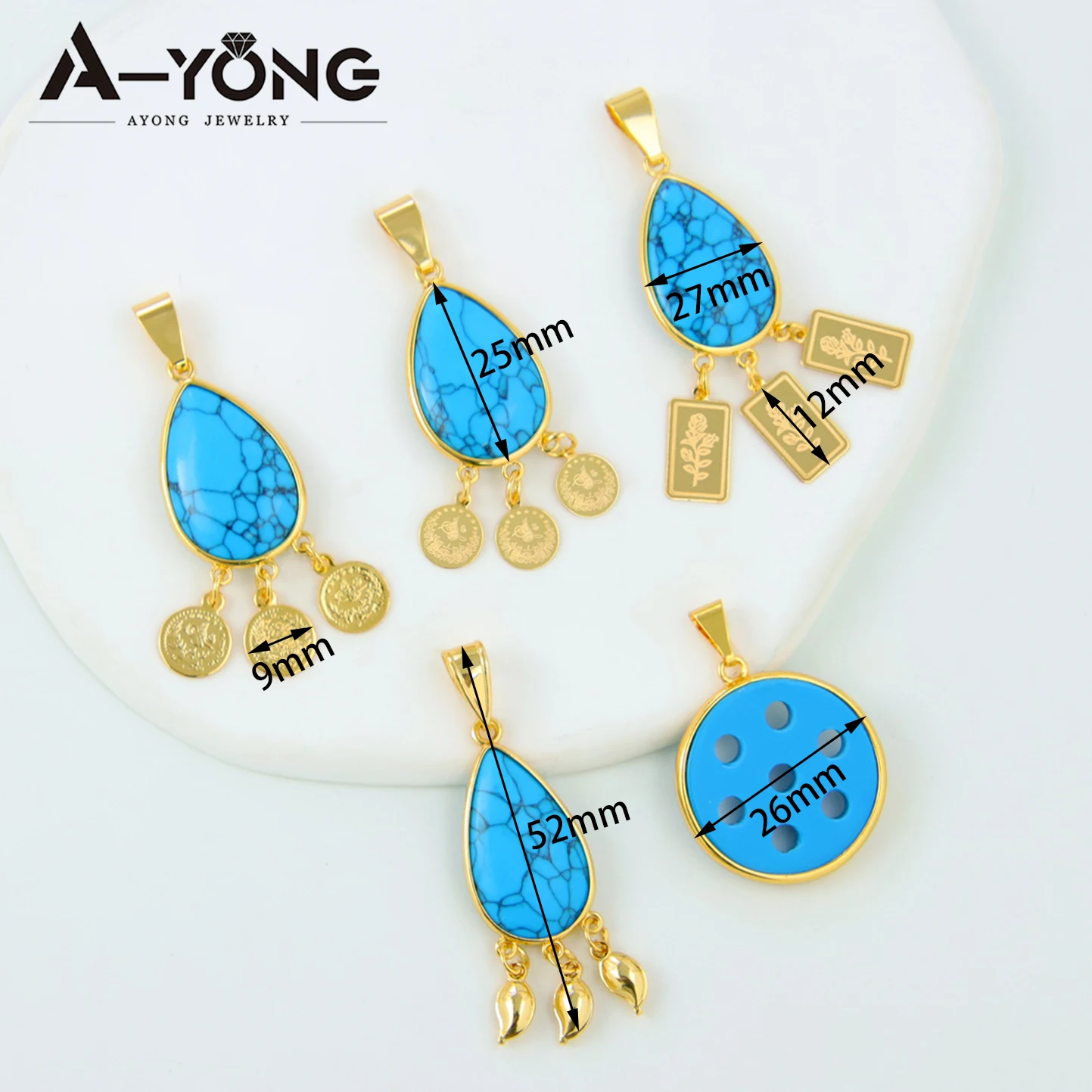 Arab Fashion Turquoise Gold Color Pendant 18k Gold Plated Italian Tassel Necklace Pendants Saudi Women Event Party Jewelry