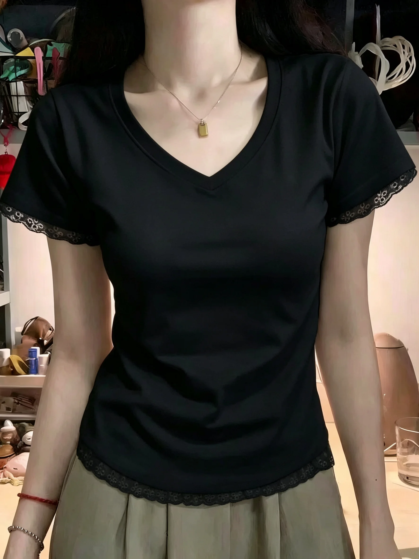 Slim Fit V-Neck Short Sleeve T-Shirt 95 Cotton Summer New Style plus Size Women's Regular Shoulder Top Lace Trim T-Shirt