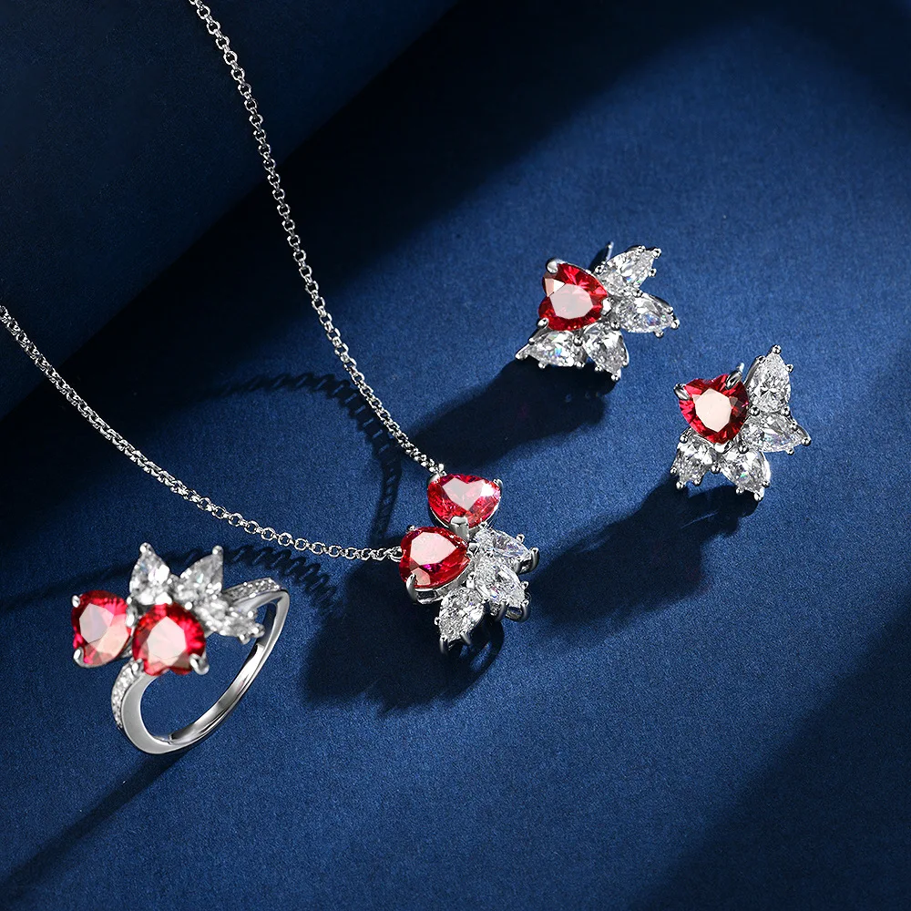 New S925 Silver 1 Carat Heart Shaped 7 * 7 Nurturing Red Treasure Earrings for Women, High End Wedding Jewelry