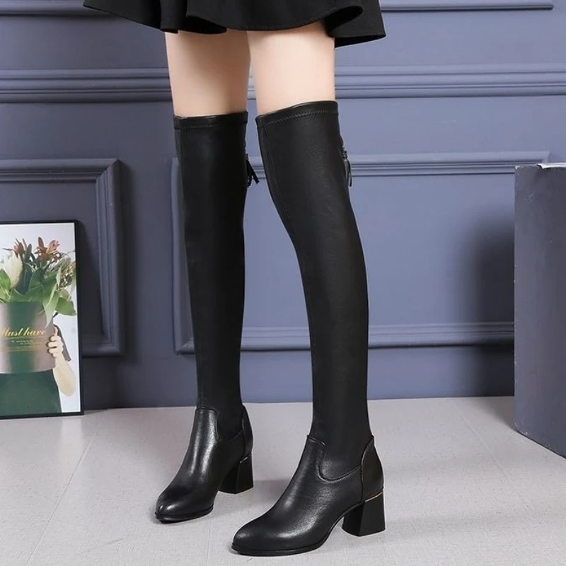 

Women's Fleece Lined Soft Leather Over The Knee Fringe Heeled Boots Black Anti Slip Slimming Influencer New Style Autumn Winter