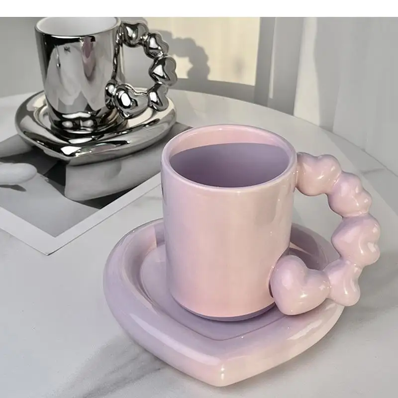 Minimalist Ceramic Tea Coffee Mug Handheld Type Drinkware Cups Modern Home Heart Shaped Saucer Juice Breakfast Mugs