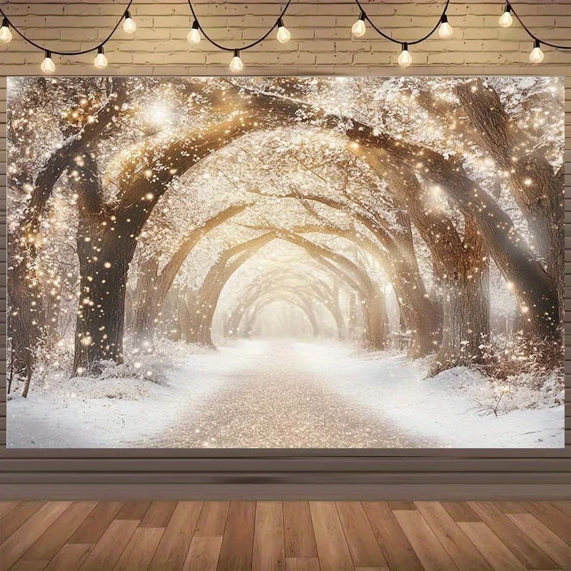 Fond Miracle d'hiver 2D, 1 pièce, sentier de forêt magique avec arbres couvert de neige, lumières scintillantes et atmosphère brumeuse