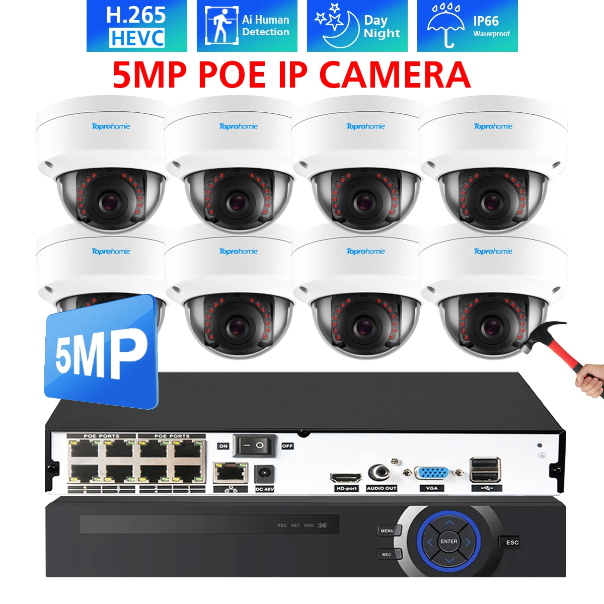 

H.265+ 8CH 4K NVR 5MP 4MP POE Security Indoor Outdoor Vandal-Proof Dome Audio IP Camera Kit Video Surveillance System P2P Onvif