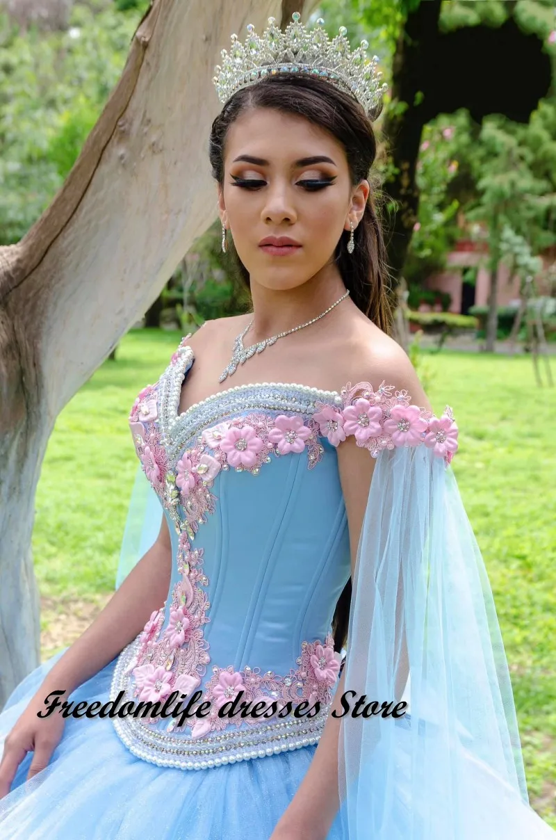 فساتين كارا وآلان كوينسيانيرا الزرقاء مزينة بالخرز تول قبالة الكتف حلوة 16 XV vestidos de 15 años 2022 الفتيات المكسيكي XV