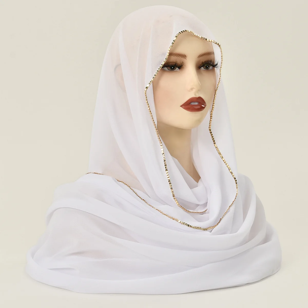 

Muslim Chiffon Hijab Women Glitter Chain Edge Premium Chiffon Scarf Solid Color Plain Shawl Unique Edge Design Headscarf Wraps