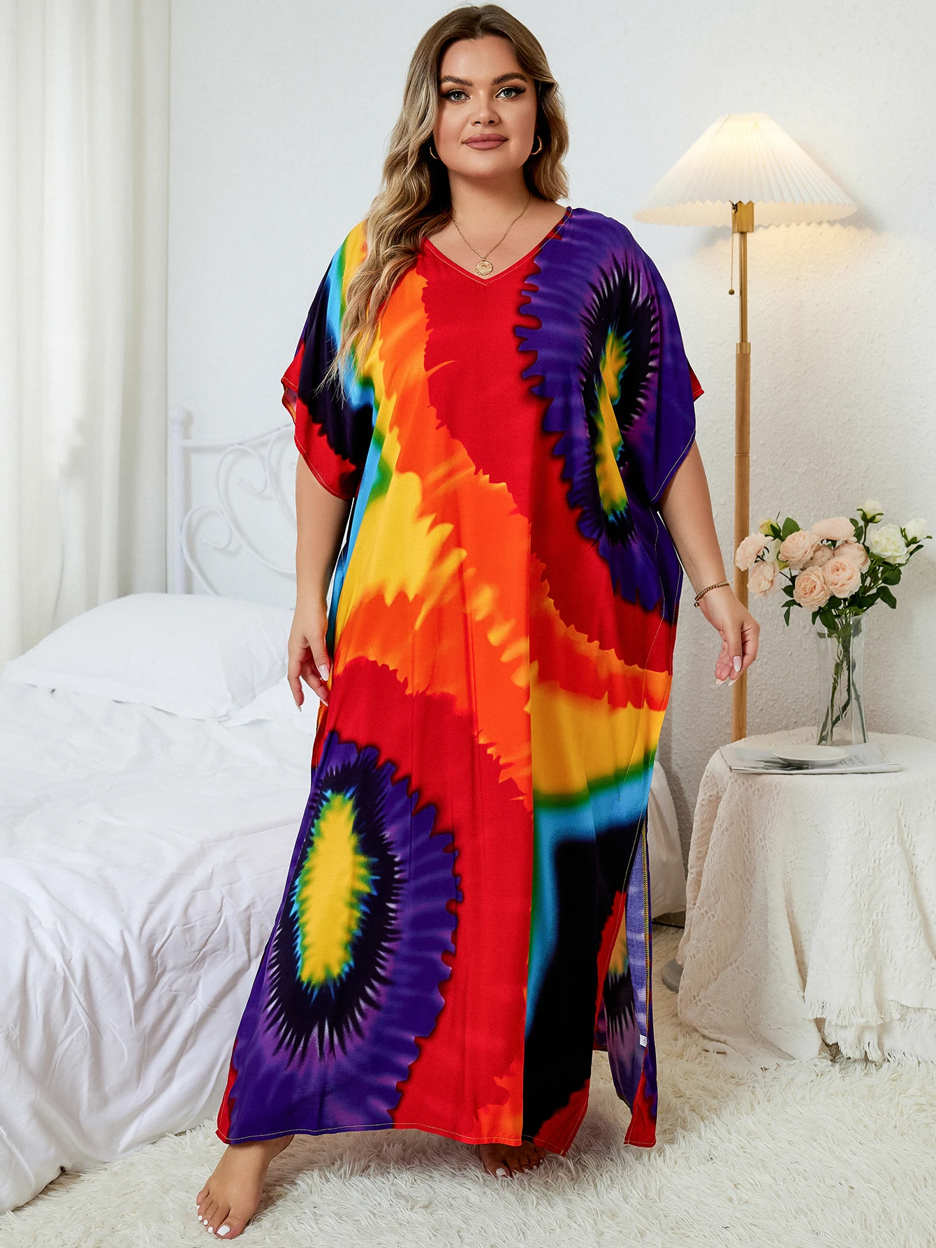 2024 Multicolored Kaftan Bohemian Printed V-neck Batwing Sleeve Street Wear Women Beach Wear Plus Size Swim Suit Cover Up Q1342