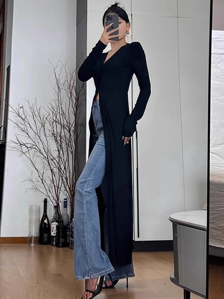 

Ele Bla Knitted Open Cardigan Spring Autumn Women's Faion 2025 New Sle Long Sve round Ne Mid-Length Coat