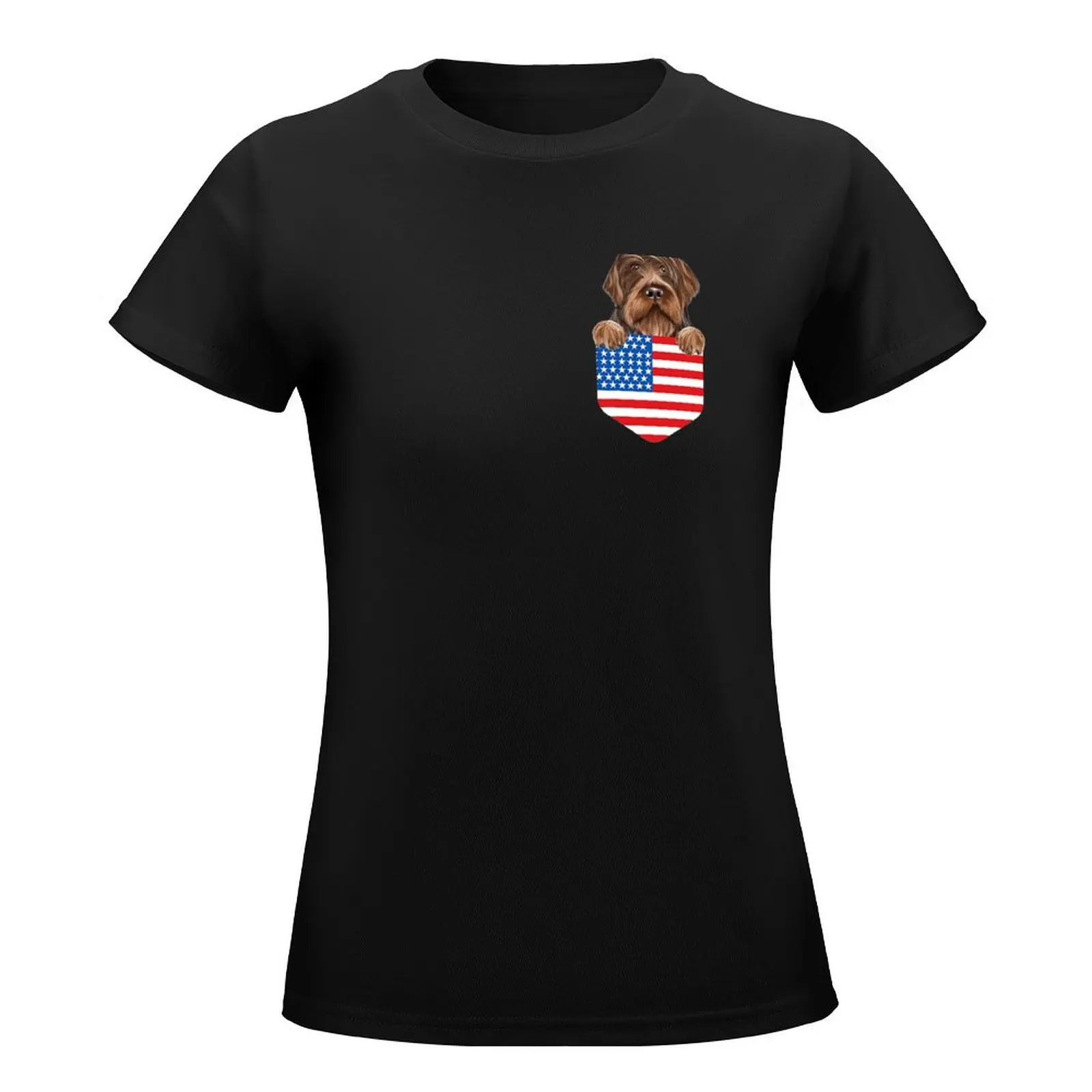 America Flag Wirehaired Pointing Griffon Dog In Pocket T-Shirt lady clothes Woman T-shirts