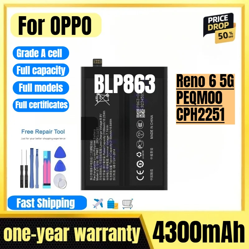 

BLP863 for OPPO Reno 6 5G/PEQM00/CPH2251 Phone Battery High Quality High Capacity Replacement Bateria Grade A Cell with Tools