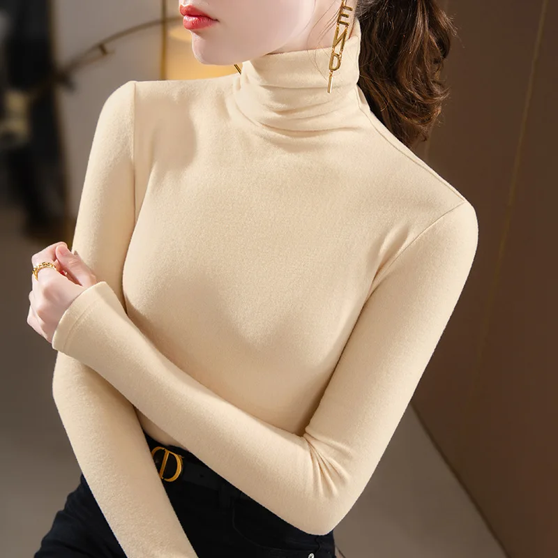 Solid Color Graceful Turtleneck Base Shirt Women Timeless Fleece-Lined Long Sleeve Lady's Daily T-Shirt Layering Girls' Top Work