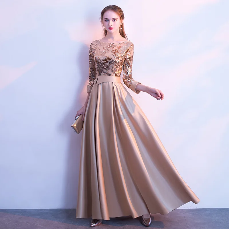 Elegant Satin Evening Dresses New Arrival 3/4 Sleeves A-Line Sequined Long Prom Gown Formal Evening Gowns Wedding Party Gowns