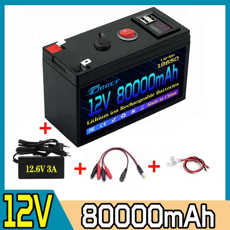 

12V 80Ah Battery 18650 Rechargeable LiFePO4 Lithium Battery Built-in 5V 2.1A USB Power Display Port Charger+12.6V 3A charger