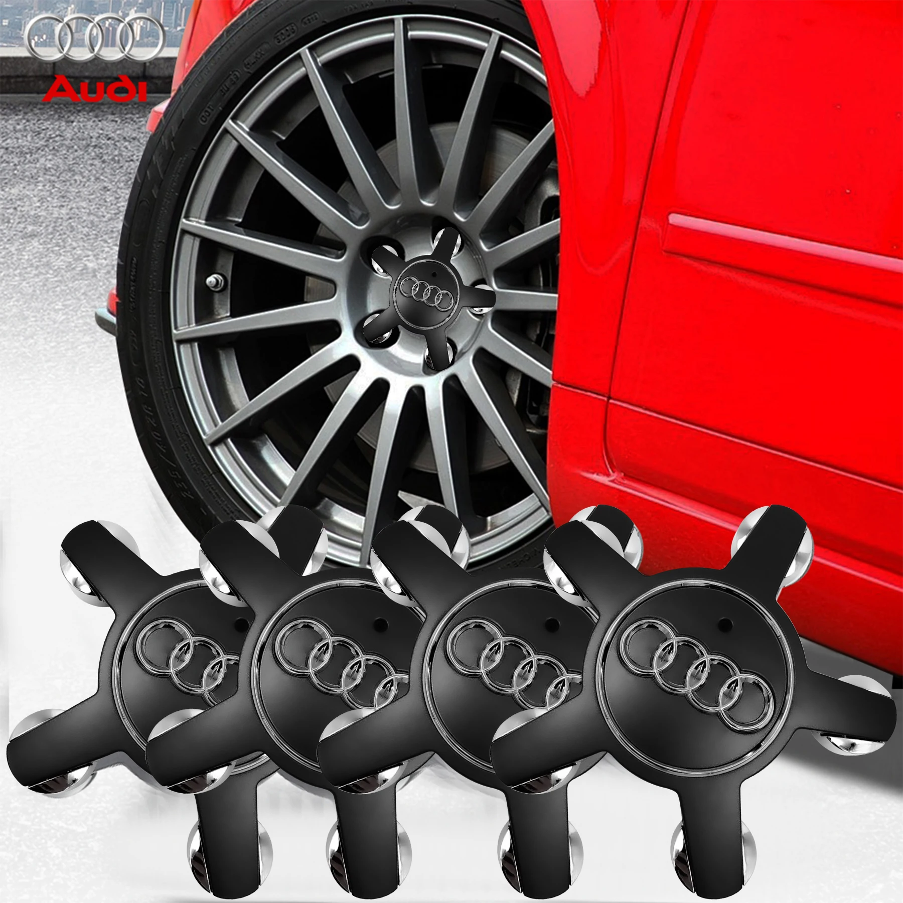 4PCS Car Five Claws Wheel Center Cap Hub Covers Auto Emblem Decoration Accessories for Audi A3 8P 8L A4 B8 B6 A6 C6 C7 S5 Q5 TT