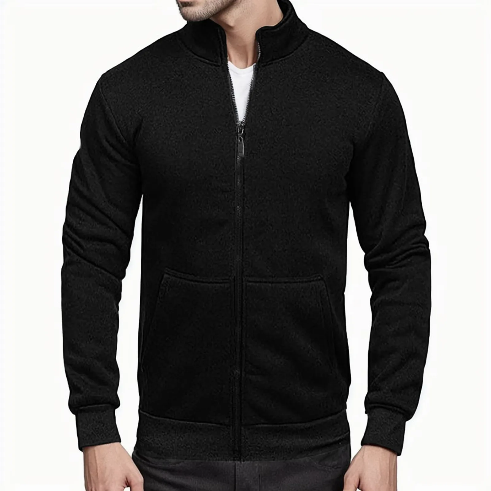 Zipper Pocket Sweatshirt Men Cardigan Hoodless Zip Up Jacket High Neck Lightweight Streetwear Hip Hop Pullover Hooded Male Top