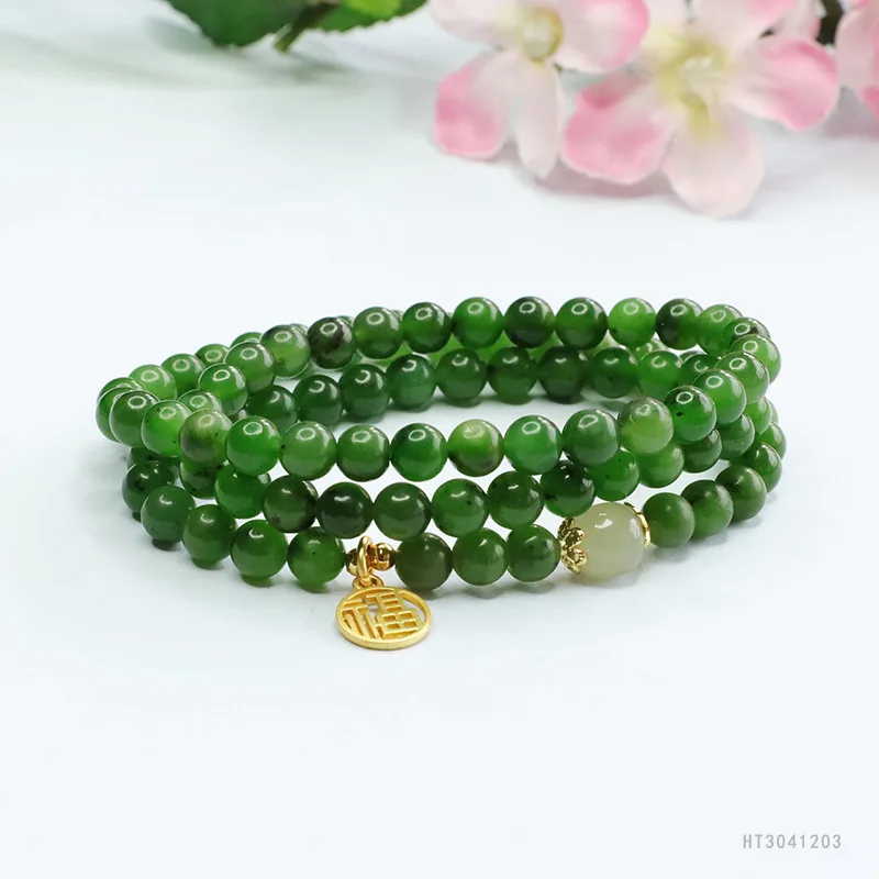 

Natural Hetian Jade Russian Green Multi-Strand Beads Bracelet Necklace Spiritual Energy Jewelry Gift