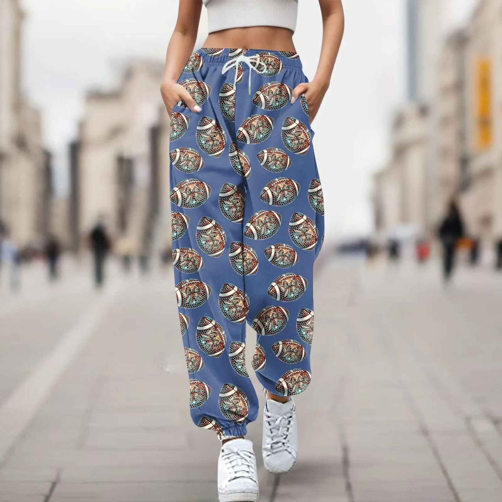 

Women's Rugby Print Loose Pocket Ankle Strap High Waisted Sweatpants Regular Fit Straight Leg Womens Dress Pants Suits for Work