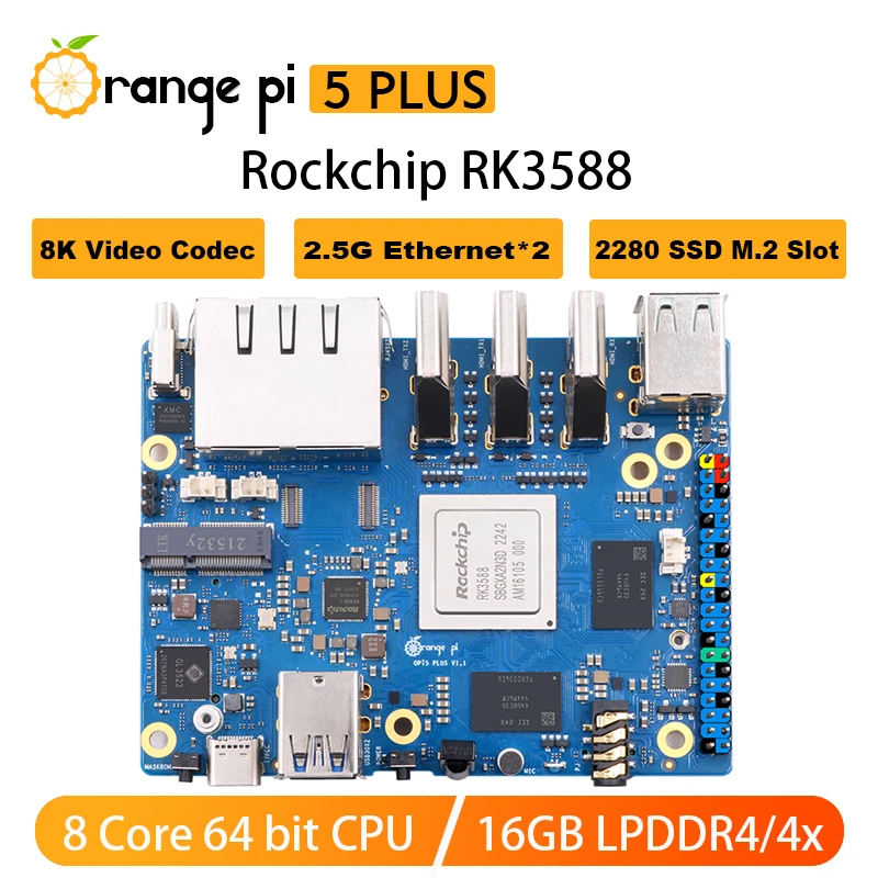 AvaCoreOrange Pi 5 Plus 16GB RK3588 2.4G Dual Ethernet Ports With PCIE Computer Run Android Ubuntu Debian OS Development Single