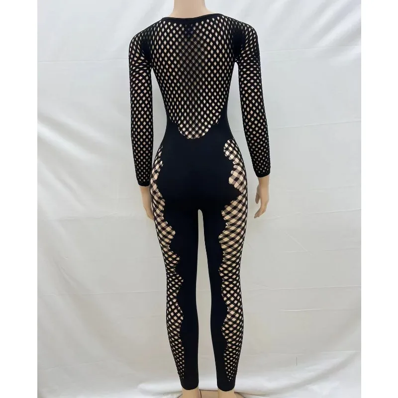 2024 Summer Lace Knitted See Through Hollow Skinny Jumpsuits Women Sexy Spicy Girls Solid Long Sleeve Clubwear One Piece Rompers