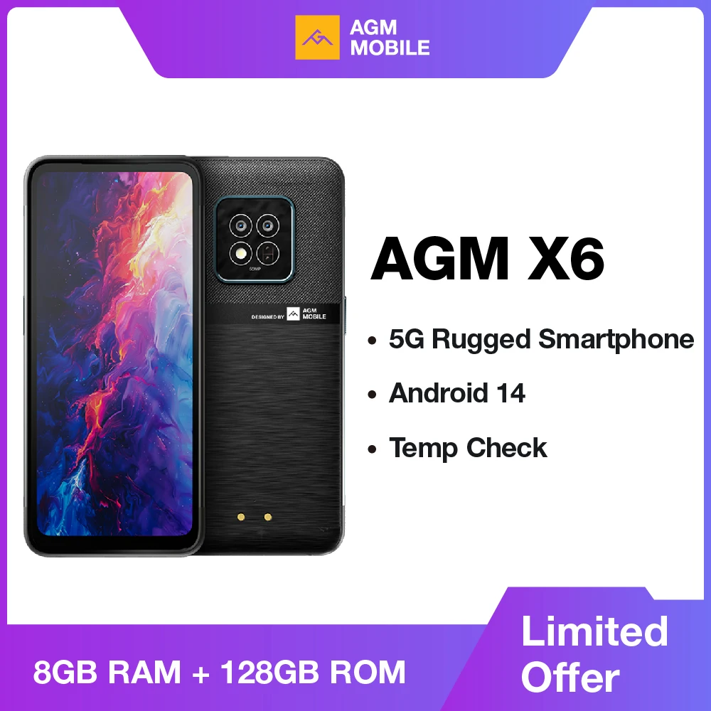 Agm X6 5G Smartphone 6.78 "Fhd +, Waterdichte 50mp Camera 5000Mah, 8Gb 128Gb, Android 14, Temp Check, Nfc, Dual Sim