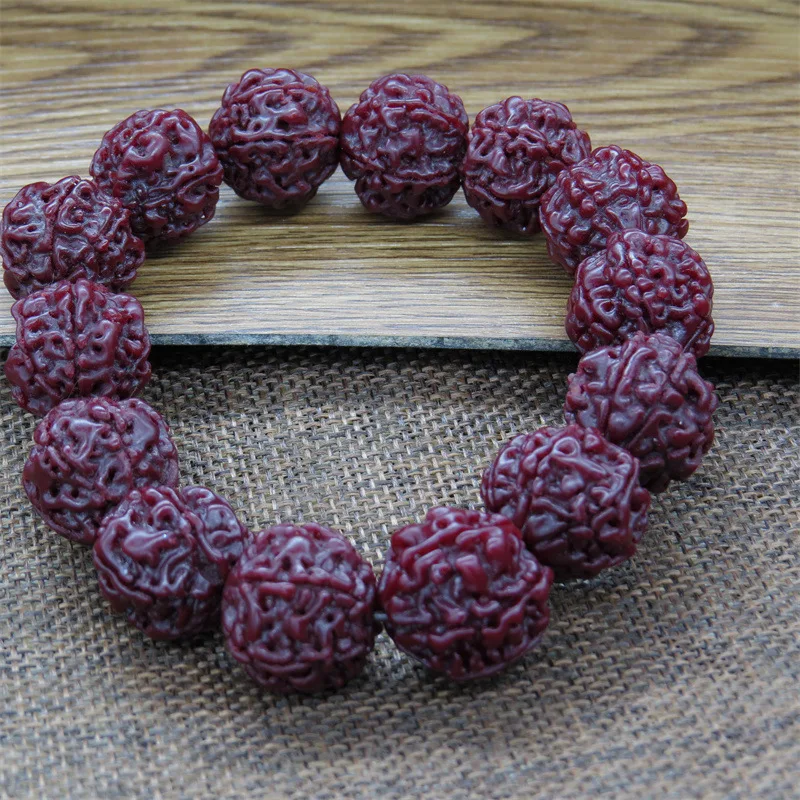 Factory Direct Sales Five Faces Machine Brush Rudraksha Hand String Corpulent Nepal Machine Brushed Patina Red Leather 20mm