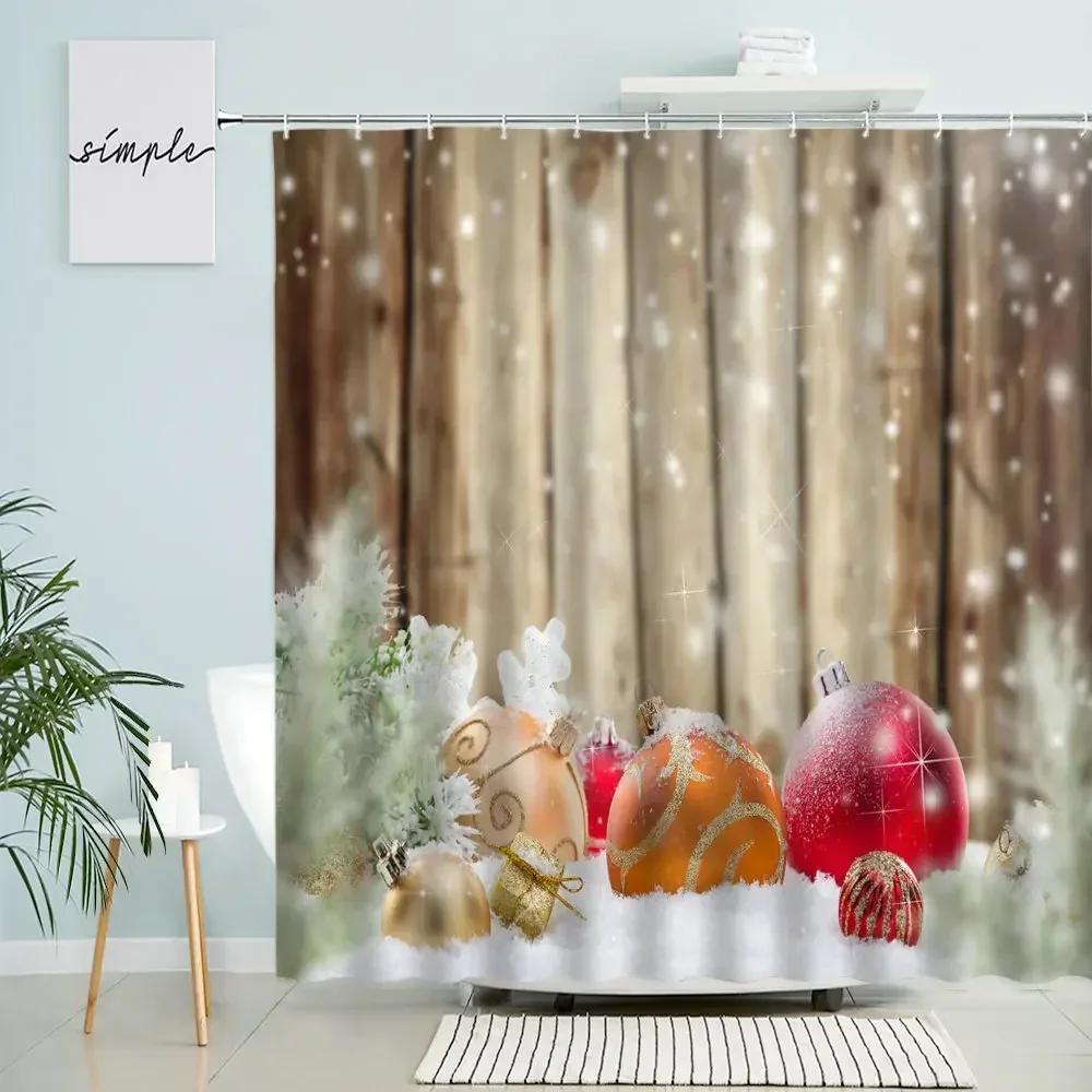 Merry Christmas Shower Curtain Winter Holiday Home Bathroom Decor Xmas Ball Christmas Tree Snowflake Pattern Screen Washable