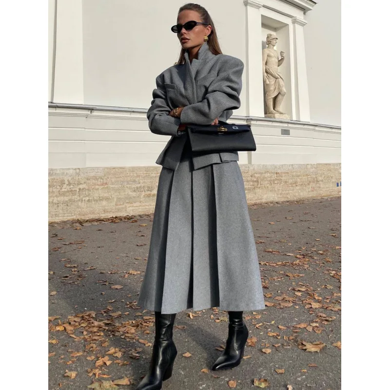 Elegant Woolen Coat Skirts Set Women Grey Lapel Hidden Buckle Blazers Pleated Skirt 2026 Autumn Winter New Lady Office Outfits