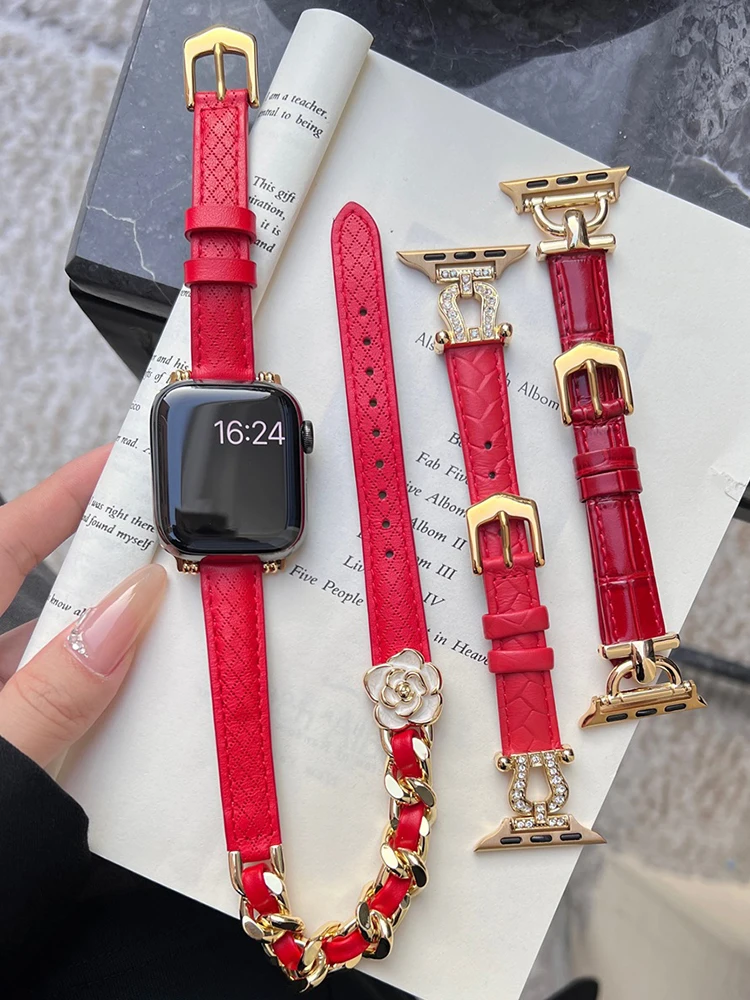 Luxury strap for Apple Watch Band 44mm 45mm 40mm-41mm 42 women Genuine Leather red Bracelet series 8 7 SE 6 5 4 Ultra 49mm bands