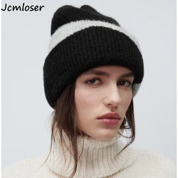 Gorros de invierno de Cachemira de alta calidad para mujer, gorro de lana de punto a rayas, gorro de punto de hilo para mujer, gorro cálido 2022