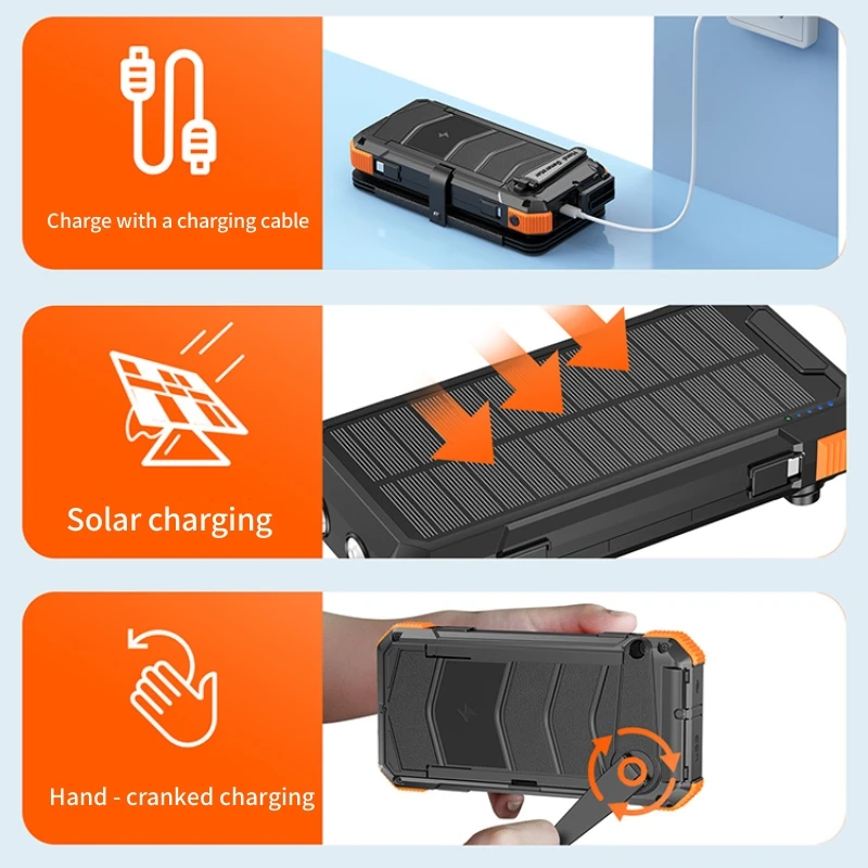 50000 Mah Outdoor Powerbank Hand-Cranked Solar Power Bank Wireless With Built-In Cable 20000mAh Power Bank view 5