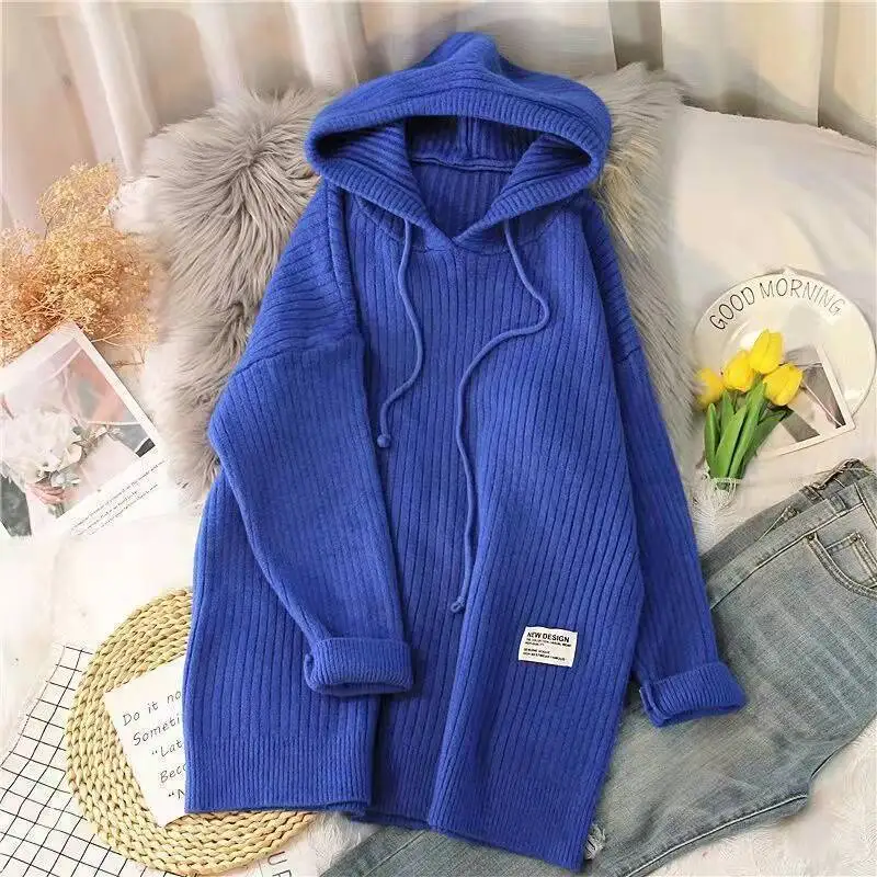 Autumn and Winter Hooded Knitted Sweater Women\'s New Solid Color Knitted Sweater Loose Medium Long Thickened