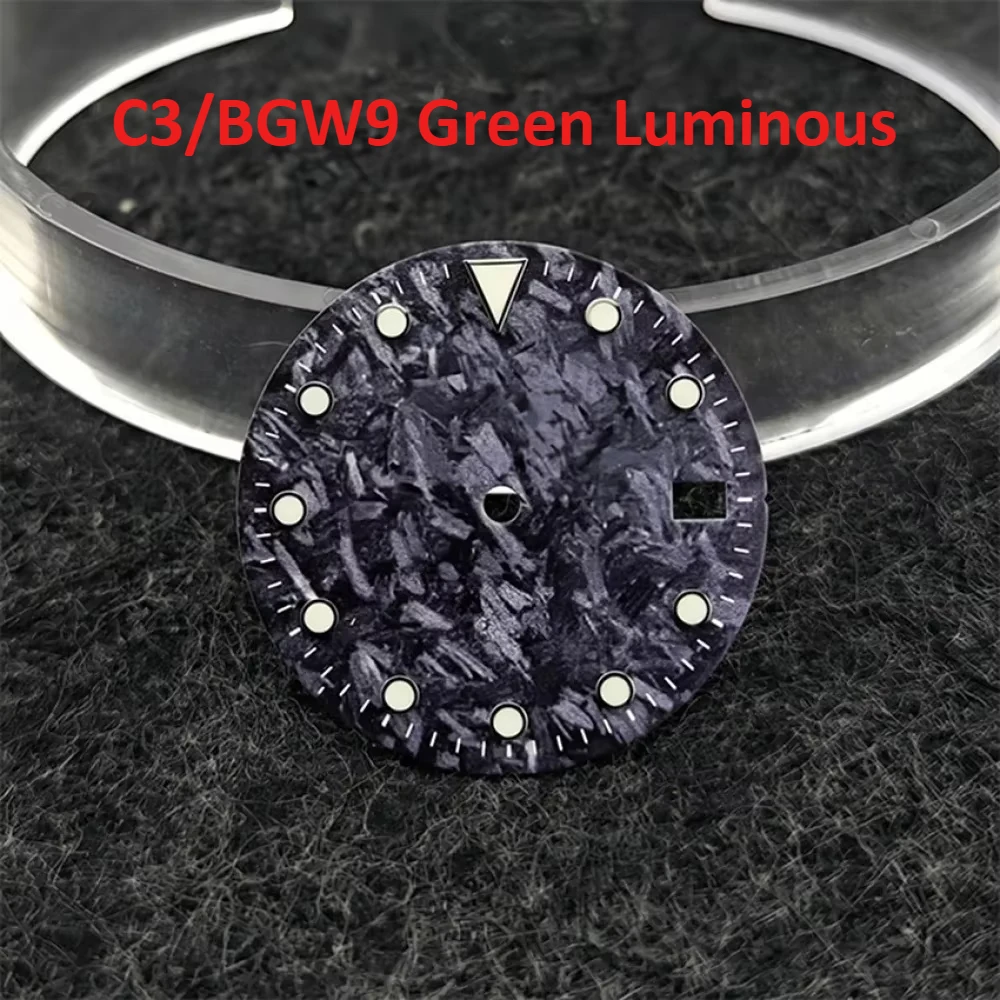 

28.5MM Watch Dial Black Carbon Brazed Vertical Pattern Watches Faces for NH35 NH36 Movement Parts C3/BGW9 Green Luminous