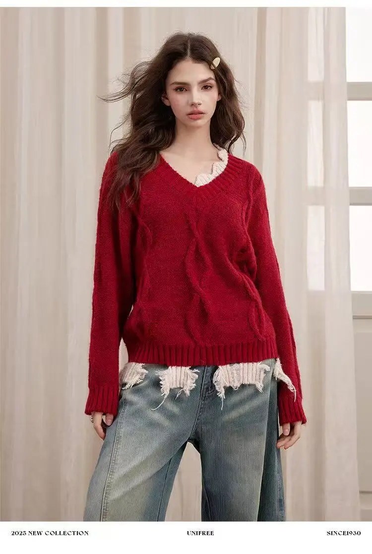 

Women's Korean Style Patchwork Thickened Pullover Sweater Warm Loose Soft & Chewy Fake Two-Piece Design Comfortable Fit