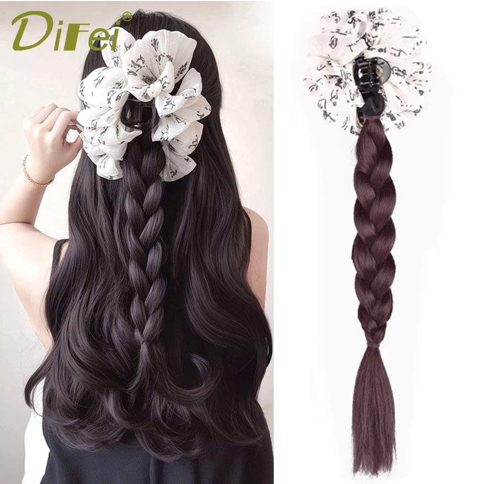 Claw Clip Braided Hair Synthetic Wig Female Ink Calligraphy Style Hair Band Fashion Side Braided Hair Grab Clip Ponytail Wig