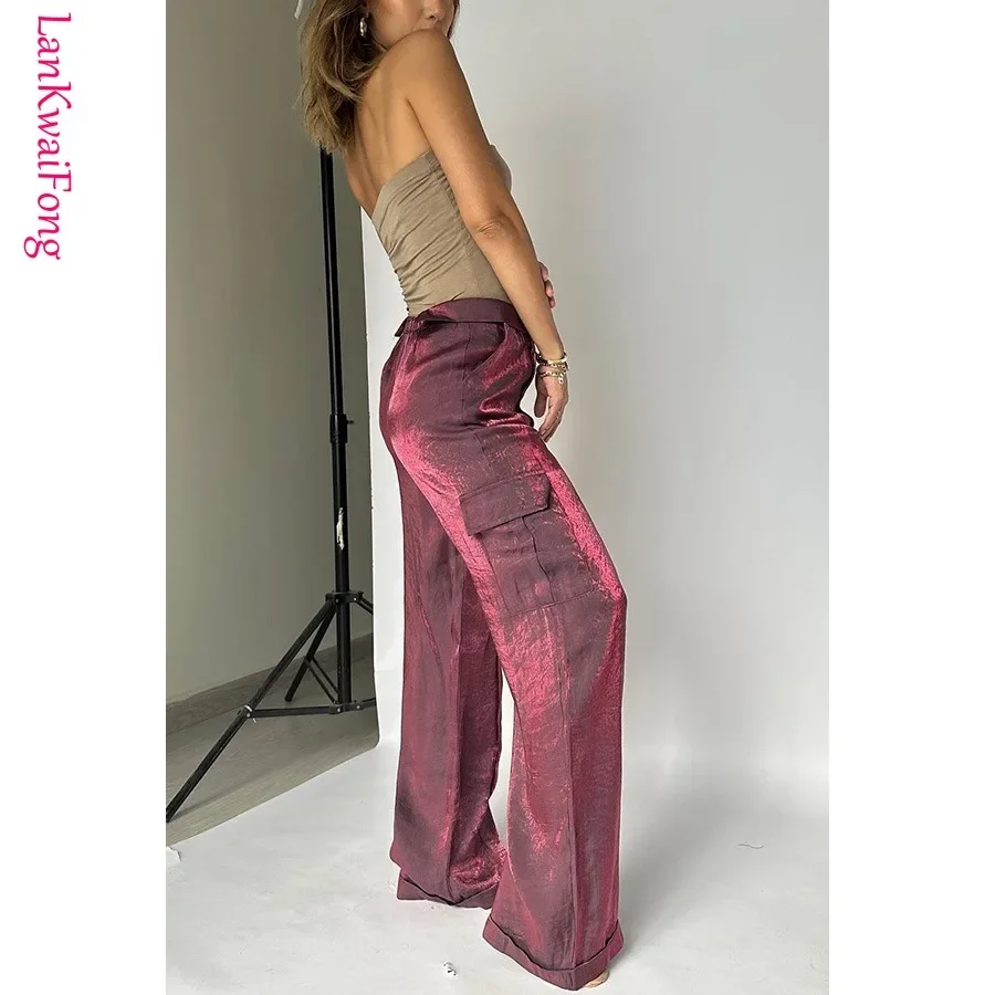 Calça feminina casual solta com zíper, bolso brilhante para férias, moda Y2K, calça reta para clube, nova moda de rua, 2024