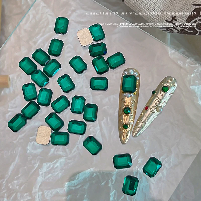 Crystal Rhinestones para Nail Art, costas planas, redondo, octogonal broca, gemas verdes, esmeralda, verde