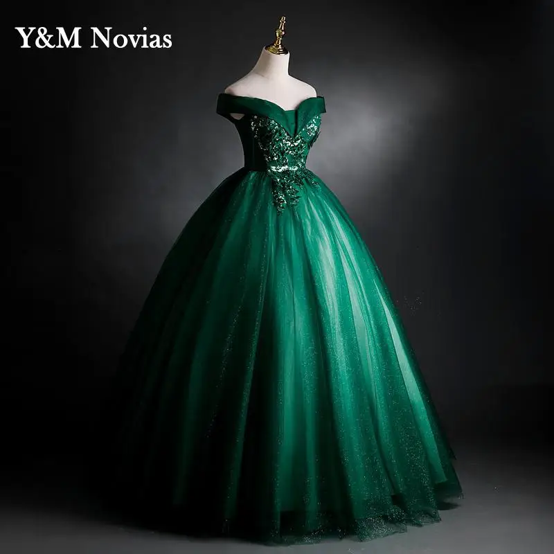 Y & M-Vestido De baile De quinceañera verde, Vestido De fiesta con hombros descubiertos, dulce, 16, encaje, lentejuelas, Vintage, talla grande