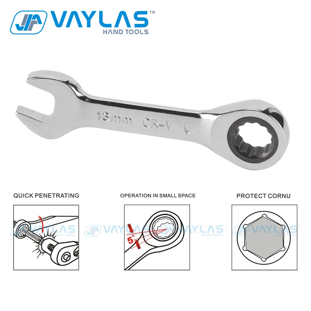 1pc 8-19mm Mini Ratchet Wrench Tool Ultra-short Key Stubby Ratcheting Combination Wrench Mirror Polish 72T Home Auto Car Repair