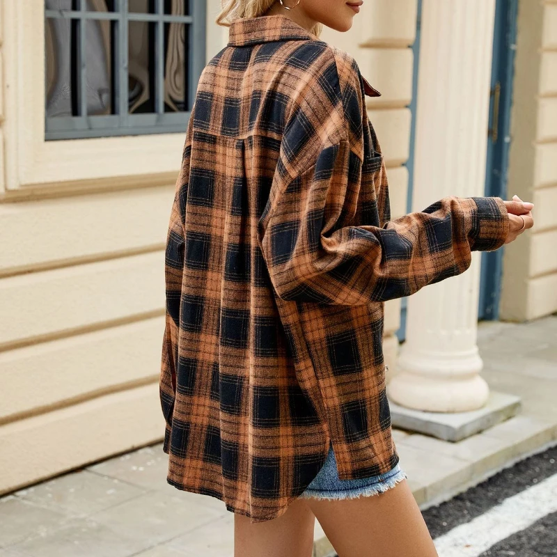 Camicie scozzesi a maniche lunghe scozzesi Camicette da ufficio abbottonate da donna con tasche Colletto rovesciato Top a quadretti causali slim fit