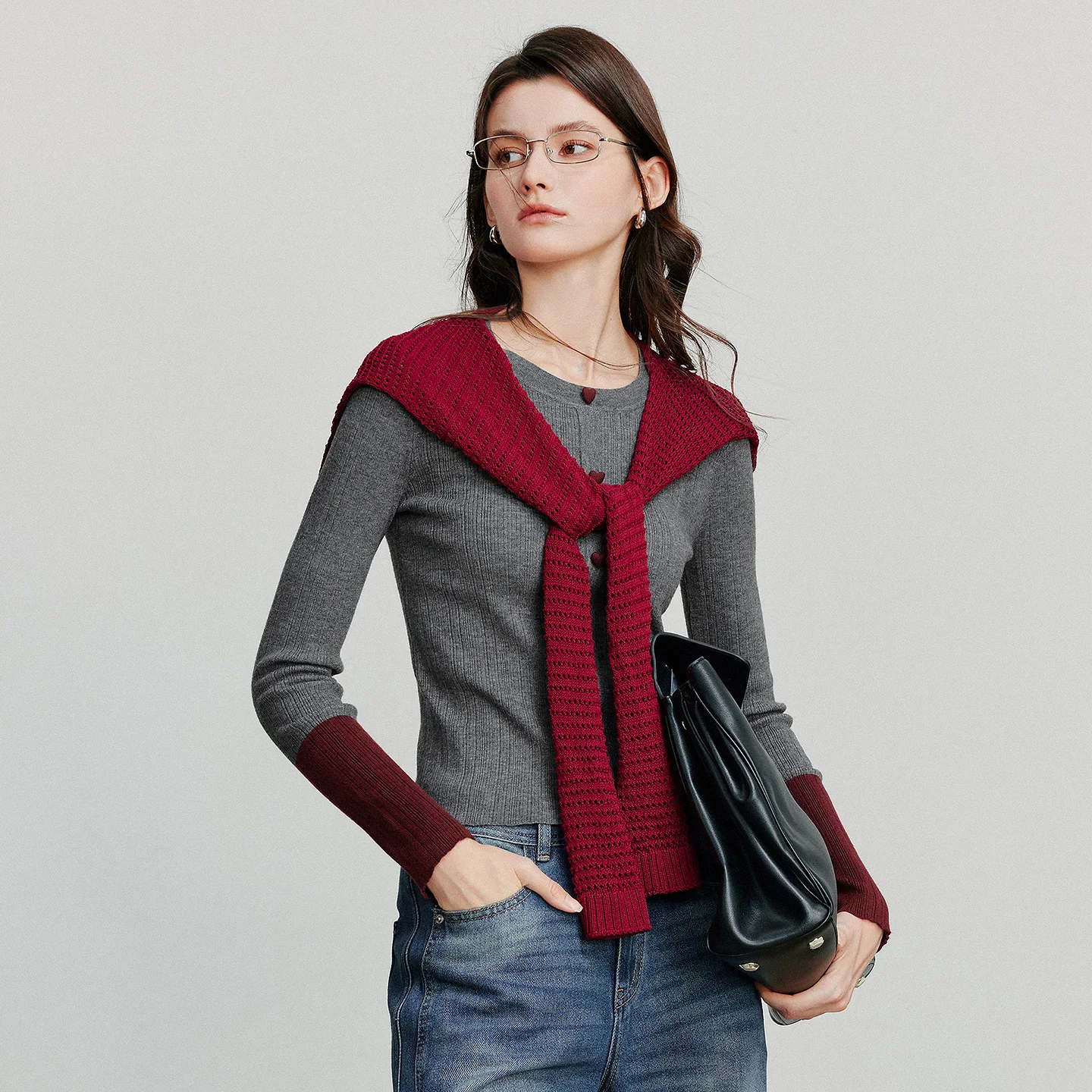 TOYOUTH Suéter feminino de malha 2025 outono nova lã contrastante manga comprida slim fit pulôver tops cinza