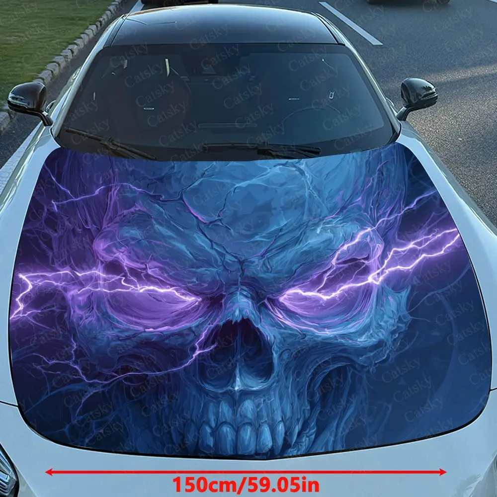 Purple Lightning Skull Car Hood Sticker, Premium Vinyl Sticker For Automotive Exterior Customization, Durable PVC Vinyl Wrap