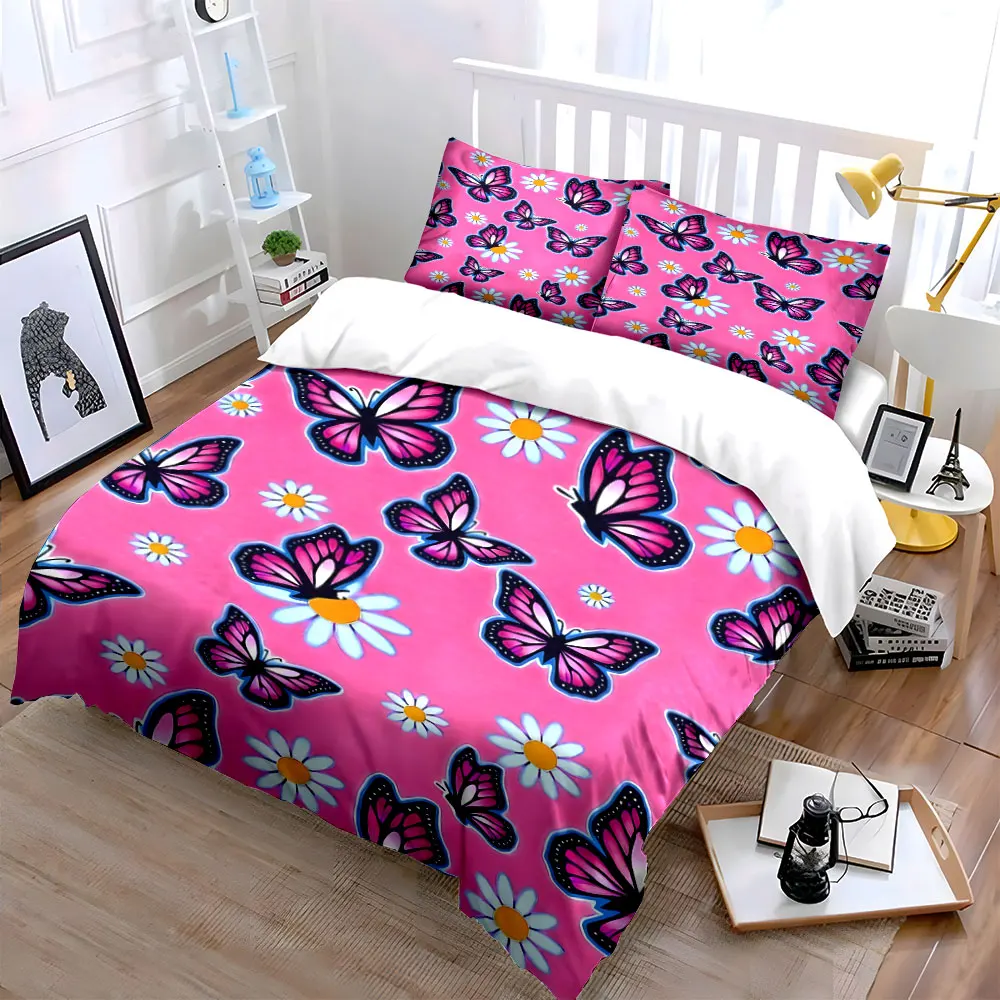 Pink background with butterflies and daisies Printed Duvet Cover Set 1 Duvet Cover+2 Pillowcase Multi Size Bedroom Bedding Decor 2