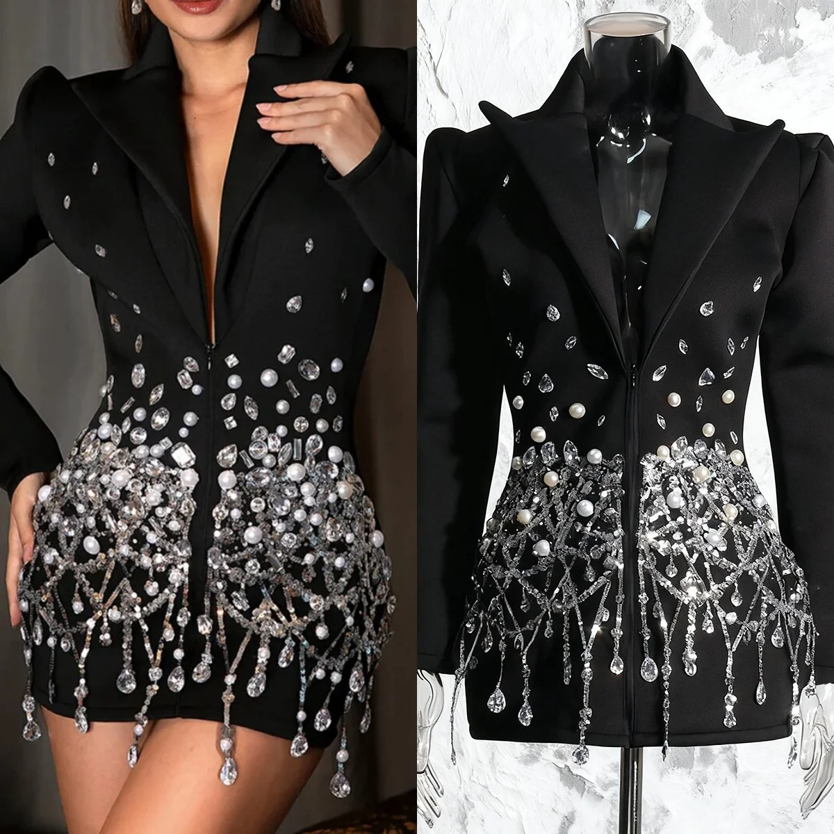 فستان قصير فاخر بتصميم سلسلة من الترتر اللامع للنساء للحفلات المسائية والنوادي وأعياد الميلاد وحفلات الكوكتيل وحفلات الزفاف