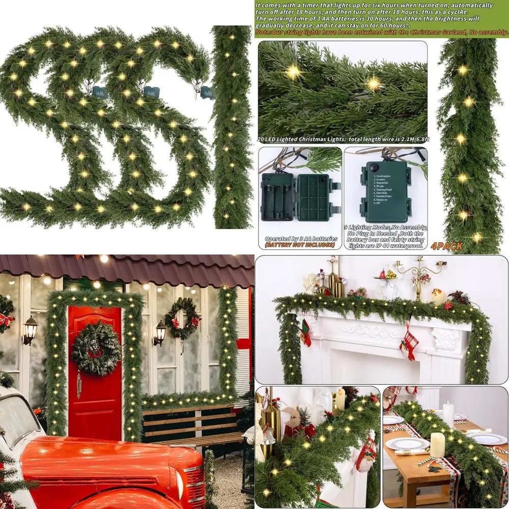 

Realistic Artificial Christmas Cedar Garland with 30 Lights, 6.2 Feet Long, Pre-lit Faux Pine Needle Greenery for Holiday Decor